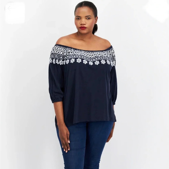 Tommy Hilfiger Floral Embroidered Off The Shoulder Top Peasant Boho Navy 1X NWT - Picture 2 of 14